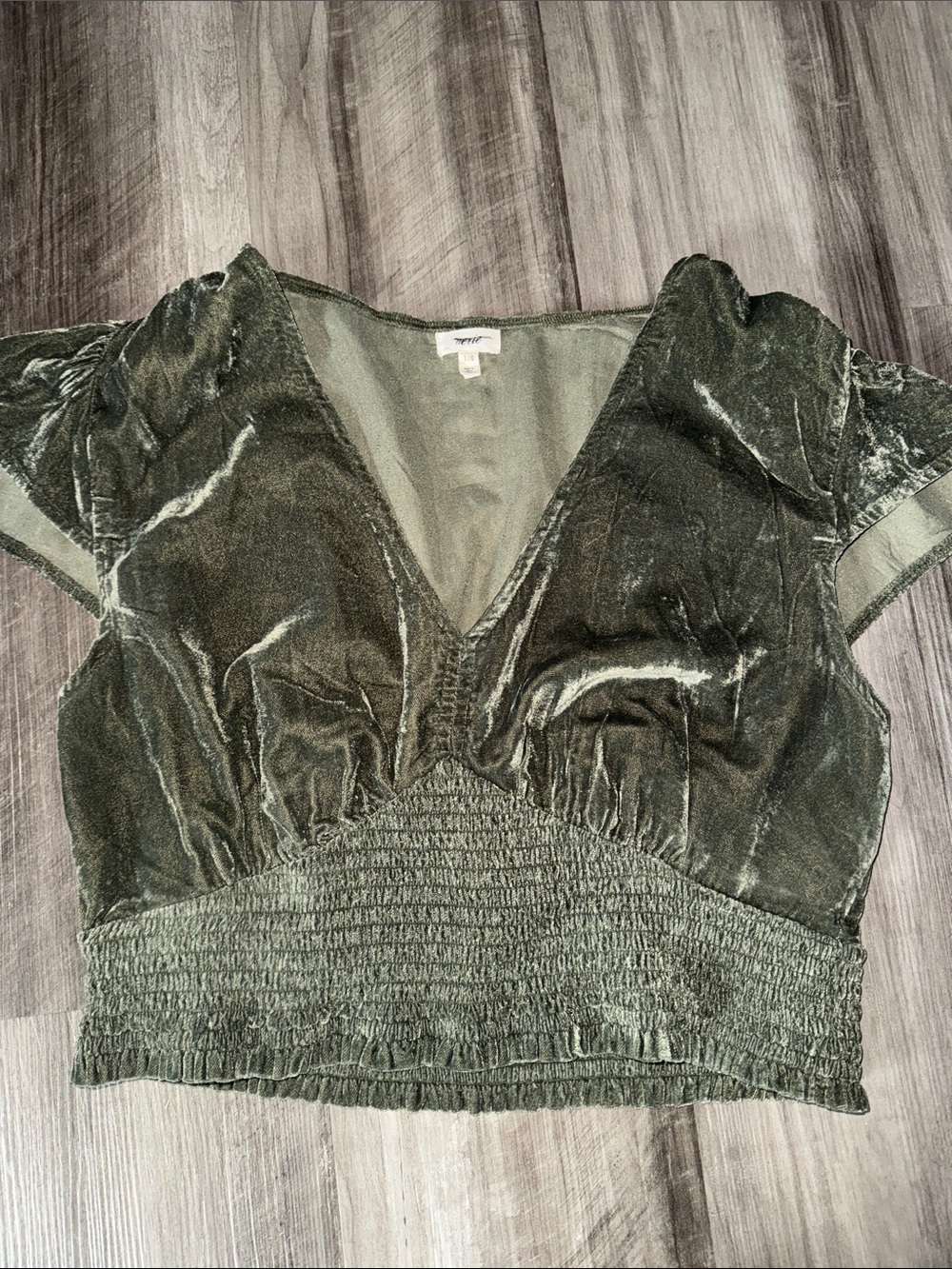 Aerie Olive Green Velvet Crop Top large smocked flutter sleeve boho fairy shirt